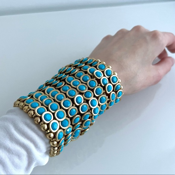 Tasha Bezel Jewelry - Tasha Bezel Aqua Blue / Gold Set Stone Stretchy Cuff Bracelet
